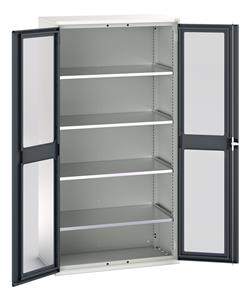 verso window door cupboard with 4 shelves. WxDxH: 1050x550x2000mm. RAL 7035/5010 or selected Verso Glazed Clear View Storage Cupboards for Tools with Shelves